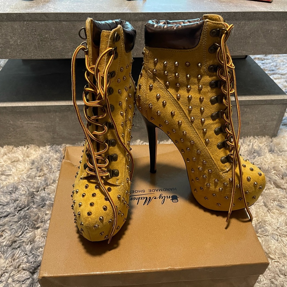 Yellow Studded High Heel Boots (9 inch)